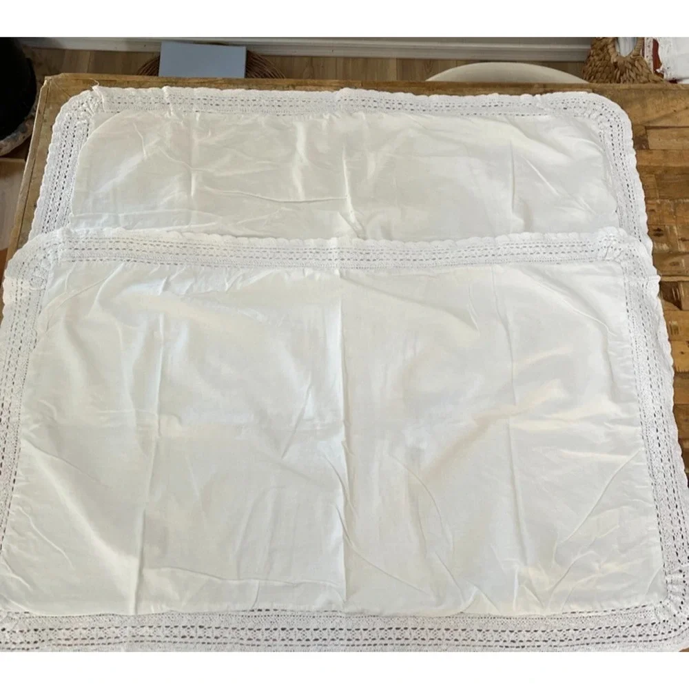 Simply Shabby Chic White King Pillow Shams (2) Linen Blend Lace Crochet Trim